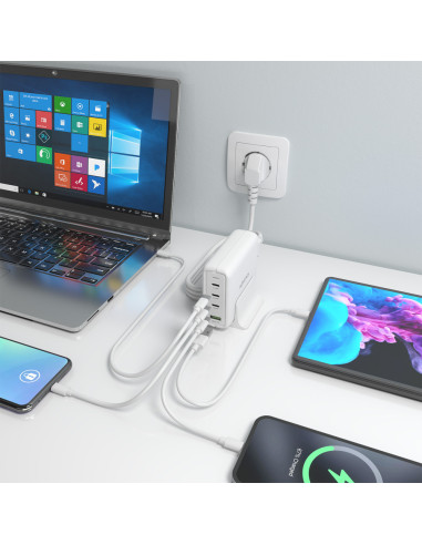 AISENS Cargador Sobremesa GaN 140W, 3x USB-C PD3.1 QC4.0 QC5.0, 1x USB-A QC3.0, Blanco