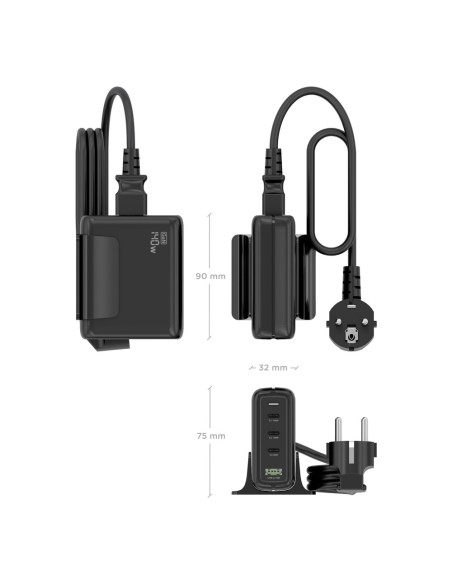 AISENS Cargador Sobremesa GaN 140W, 3x USB-C PD3.1 QC4.0 QC5.0, 1x USB-A QC3.0, Negro