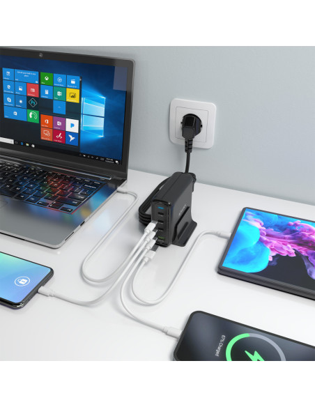 AISENS Cargador Sobremesa GaN 140W, 3x USB-C PD3.1 QC4.0 QC5.0, 1x USB-A QC3.0, Negro