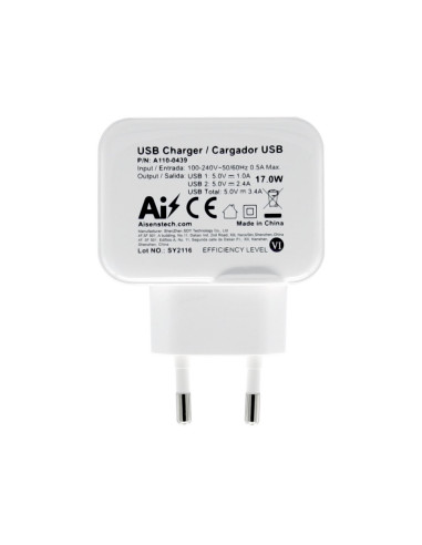 AISENS Cargador USB 17W 5V/3.4A, 2xUSB Con Control AI, Blanco