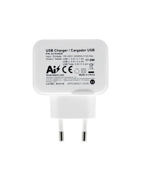 AISENS Cargador USB 17W 5V/3.4A, 2xUSB Con Control AI, Blanco