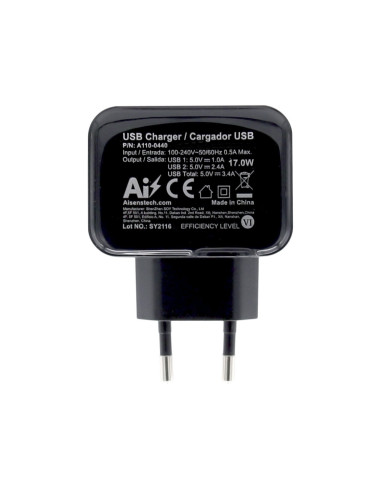 AISENS Cargador USB 17W 5V/3.4A, 2xUSB Con Control AI, Negro