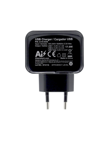 AISENS Cargador USB 17W 5V/3.4A, 2xUSB Con Control AI, Negro