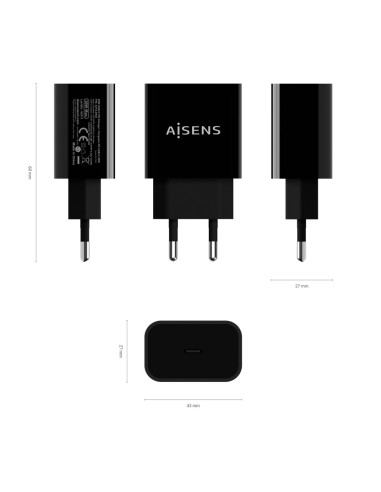 AISENS Cargador USB-C PD3.0 1 Puerto 1x USB-C 20 W, Negro