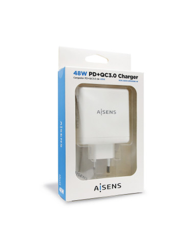 AISENS Cargador 48 W, 1x USB-C PD3.0 30 W, 1x USB-A QC3.0 18 W, Blanco