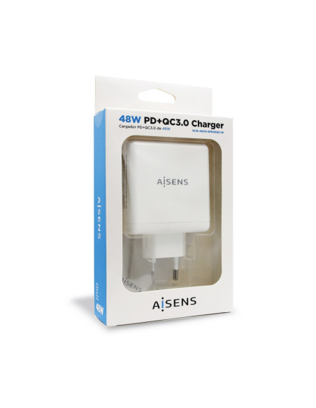 AISENS Cargador 48 W, 1x USB-C PD3.0 30 W, 1x USB-A QC3.0 18 W, Blanco