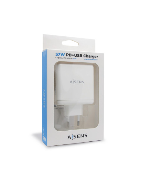 AISENS Cargador 57 W, 1x USB-C PD3.0 45 W, 1x USB-A 5 V / 2.4 A 12 W, Blanco