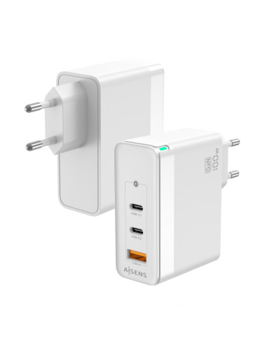 AISENS Cargador Gan 100W, 2xUSB-C PD3.0 QC4.0 QC5.0, 1xUSB-A QC3.0, Blanco