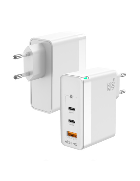 AISENS Cargador Gan 100W, 2xUSB-C PD3.0 QC4.0 QC5.0, 1xUSB-A QC3.0, Blanco