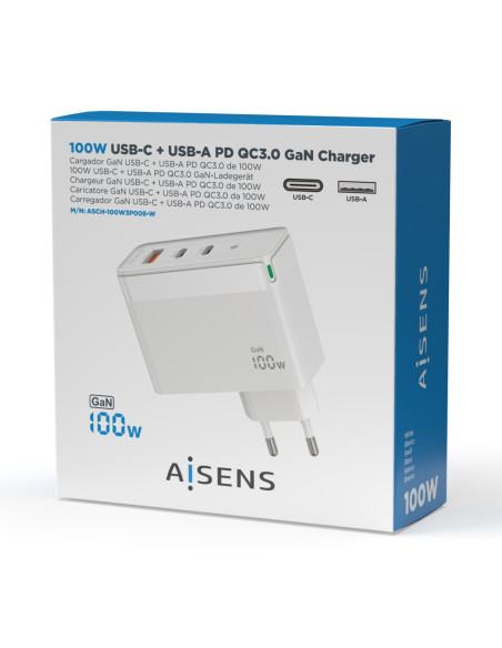 AISENS Cargador Gan 100W, 2xUSB-C PD3.0 QC4.0 QC5.0, 1xUSB-A QC3.0, Blanco