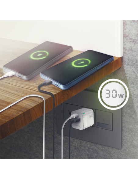 AISENS Cargador Gan 30W, 1xUSB-C PD3.0 QC4.0, 1xUSB-A QC3.0, Blanco