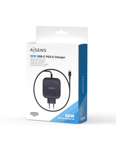 AISENS Cargador 65W PD3.0 QC3.0 1XUSB-C 1.2M, Negro
