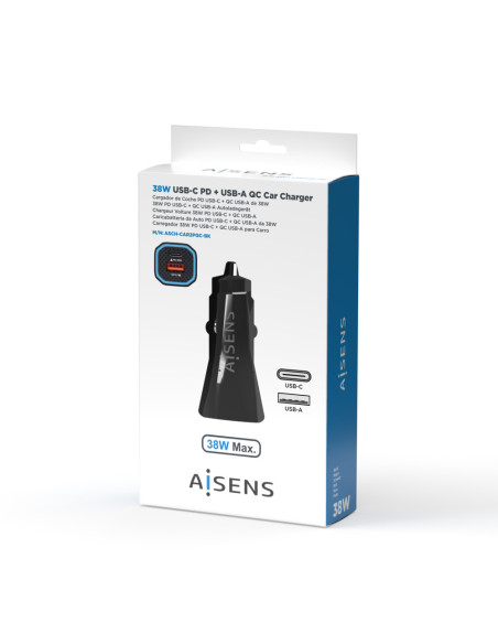 AISENS Cargador de Coche 38W,1XUSB-C PD3.0 20W,1XUSB-A QC3.0 18W, Negro