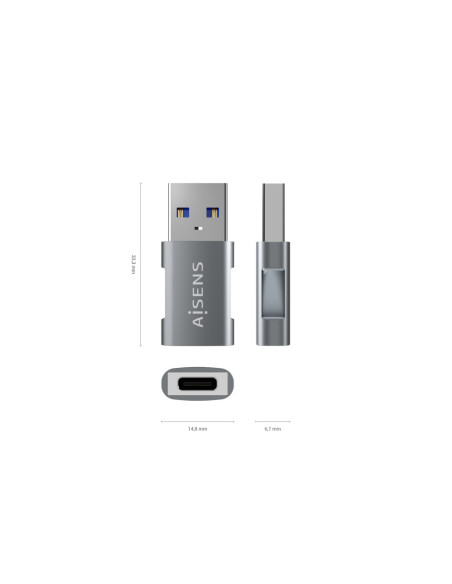 AISENS Mini Adaptador USB 3.2 GEN2 10G 3A, Tipo USB-C/H-A/M, Gris