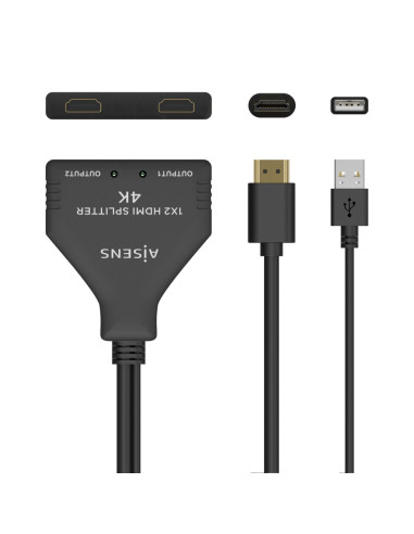 AISENS HDMI Duplicador 4K@30HZ 1×2 con Alimentación USB y Cable, Negro, 30 cm
