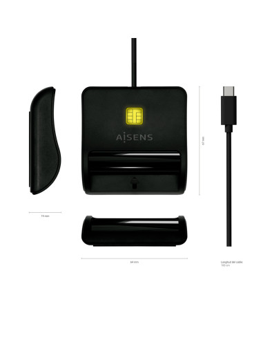AISENS Lector De Tarjeta Inteligente DNI, USB-C, Negro