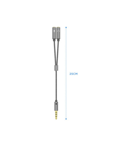 AISENS Cable Adaptador Audio Jack 3.5 4pines/M-2xjack 3.5 3pines/H, Gris, 25cm
