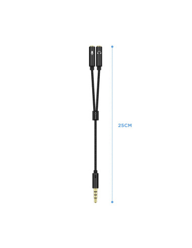 AISENS Cable Adaptador Audio Jack 3.5 4pines/M-2xjack 3.5 3pines/H, Negro, 25cm
