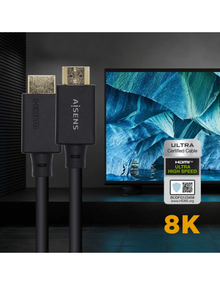 AISENS Cable HDMI V2.1 Ultra Alta Velocidad / HEC 8k@60Hz 48Gbps, A/M-A/M, Negro, 0.5m