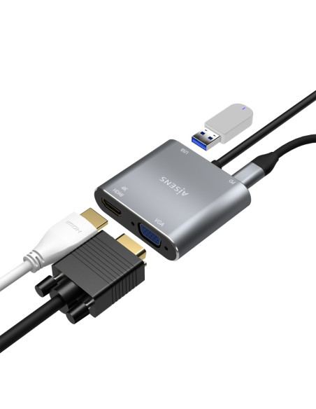 AISENS Conversor USB-C a VGA/HDMI 4K/USB3.0/USB-C PD, USB-C/M-VGA/H-HDMI/H-USB-A/H-USB-C/H, Gris, 15CM