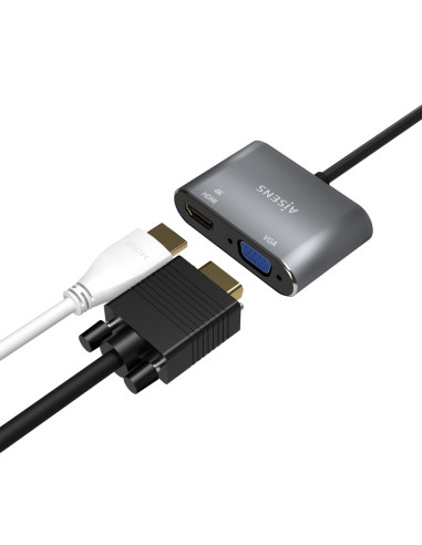 AISENS Conversor USB-C a VGA/HDMI 4K, USB-C/M-VGA/H-HDMI/H, Gris, 15CM