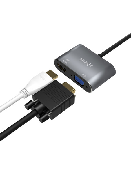 AISENS Conversor USB-C a VGA/HDMI 4K, USB-C/M-VGA/H-HDMI/H, Gris, 15CM