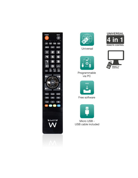 Ewent EW1570 mando a distancia DTT, DVD/Blu-ray, Proyector, SAT, STB, Altavoz para barra de sonido, TV, Universal, VCR Botones