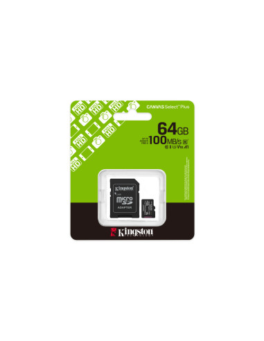Kingston Technology 64GB microSDXC Canvas Select Plus Gen3 100MB/s A1 (Incluye adaptador de SD)