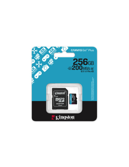 Kingston Technology Tarjeta microSDXC Canvas Go Plus Gen4 de 256 GB, 200 MB/s, A2 U3 V30 y adaptador