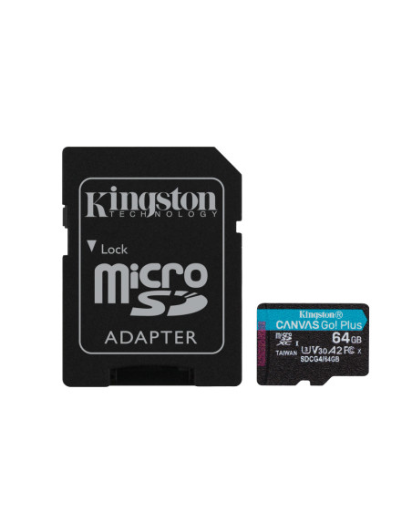 Kingston Technology Tarjeta microSDXC Canvas Go Plus Gen4 de 64 GB, 200 MB/s, A2 U3 V30 y adaptador