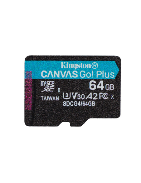 Kingston Technology Tarjeta microSDXC Canvas Go Plus Gen4 de 64 GB, 200 MB/s, A2 U3 V30 y adaptador