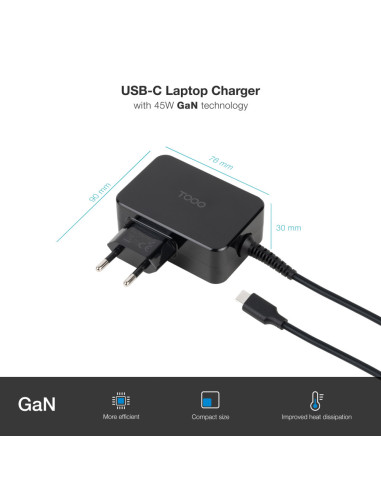 TooQ Cargador de portátil GAN USB-C PD 45W, Negro