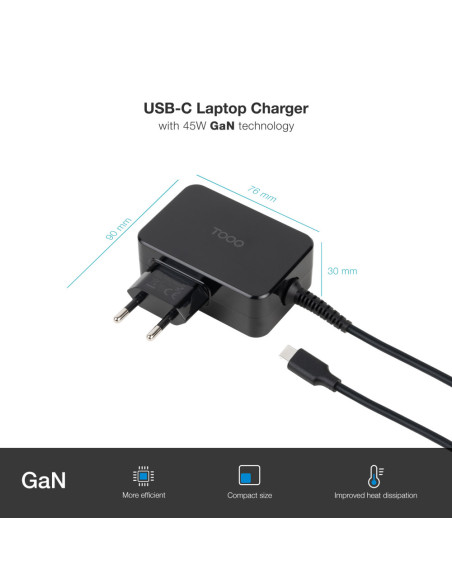 TooQ Cargador de portátil GAN USB-C PD 45W, Negro