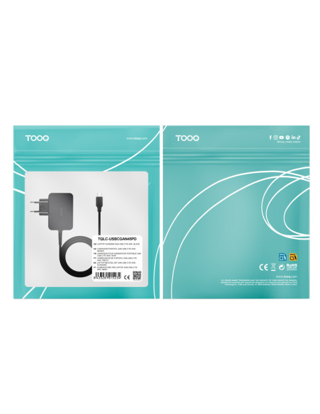 TooQ Cargador de portátil GAN USB-C PD 45W, Negro