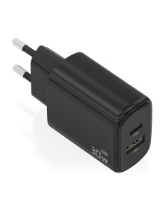 AISENS Cargador GaN 30W, 1xUSB-C PD3.0 QC4.0, 1xUSB-A QC3.0, Negro