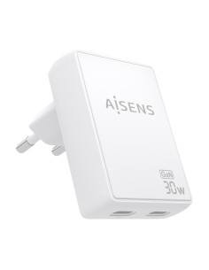 AISENS Cargador De Pared GaN Ultra Delgado 30W, 2xUSB-C PD3.0 QC4.0, Blanco