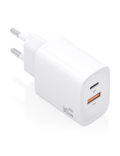 AISENS Cargador GaN 30W, 1xUSB-C PD3.0 QC4.0, 1xUSB-A QC3.0, Blanco