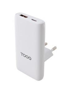 TooQ Cargador de viaje Tipo C y Tipo A, GaN 65W, USB-C/PD + USB-A/QC, Blanco