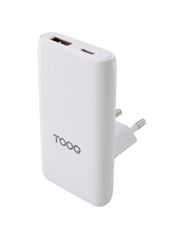 TooQ Cargador de viaje Tipo C y Tipo A, GaN 65W, USB-C/PD + USB-A/QC, Blanco
