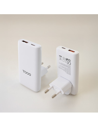 TooQ Cargador de viaje Tipo C y Tipo A, GaN 65W, USB-C/PD + USB-A/QC, Blanco