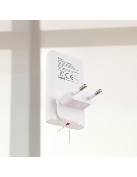 TooQ Cargador de viaje Tipo C y Tipo A, GaN 65W, USB-C/PD + USB-A/QC, Blanco