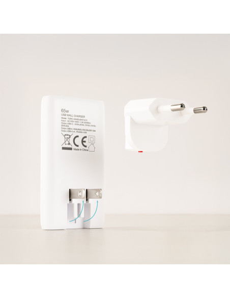 TooQ Cargador de viaje Tipo C y Tipo A, GaN 65W, USB-C/PD + USB-A/QC, Blanco