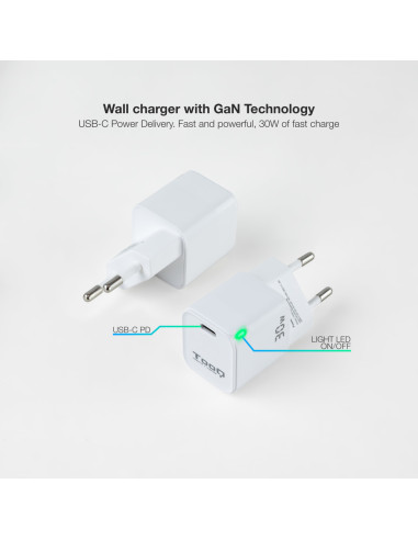 TooQ Cargador de Pared GAN USB-C/PD 30W, Blanco