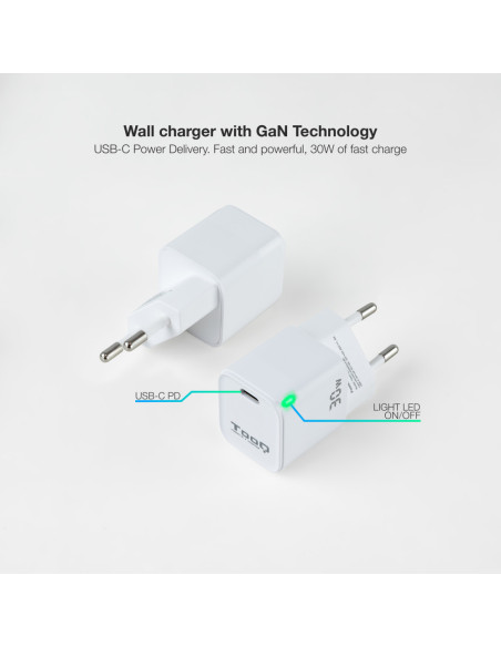 TooQ Cargador de Pared GAN USB-C/PD 30W, Blanco