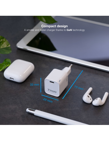 TooQ Cargador de Pared GAN USB-C/PD 30W, Blanco