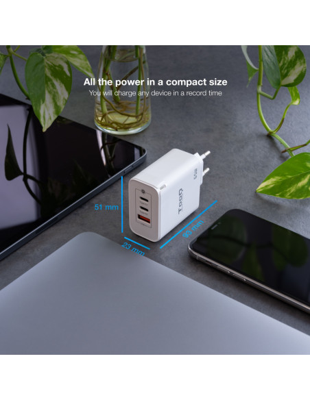 TooQ Cargador de Pared GaN 2USB-C/PD + USB-A/QC 65W, Blanco