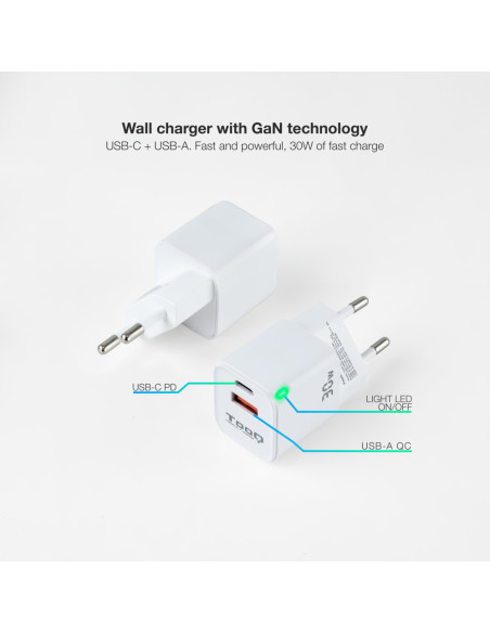 TooQ Cargador de Pared GaN USB-C/PD + USB-A/QC 30W, Blanco