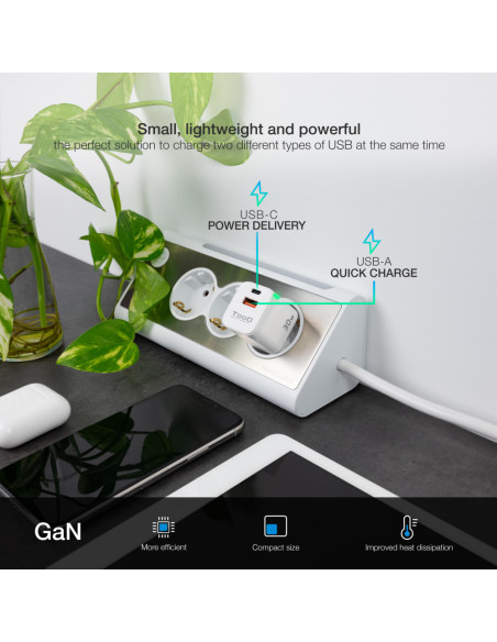 TooQ Cargador de Pared GaN USB-C/PD + USB-A/QC 30W, Blanco