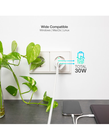 TooQ Cargador de Pared GaN USB-C/PD + USB-A/QC 30W, Blanco