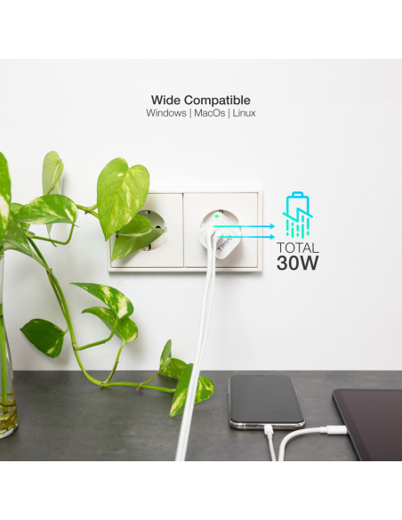 TooQ Cargador de Pared GaN USB-C/PD + USB-A/QC 30W, Blanco